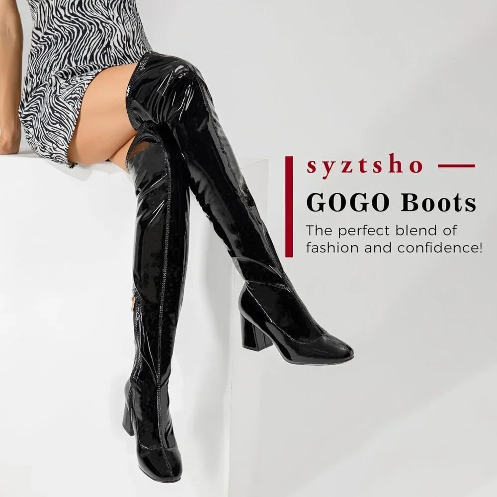 Women Black Patent Leather PU Chunky Heel Over The Knee Square Toe Long Boot